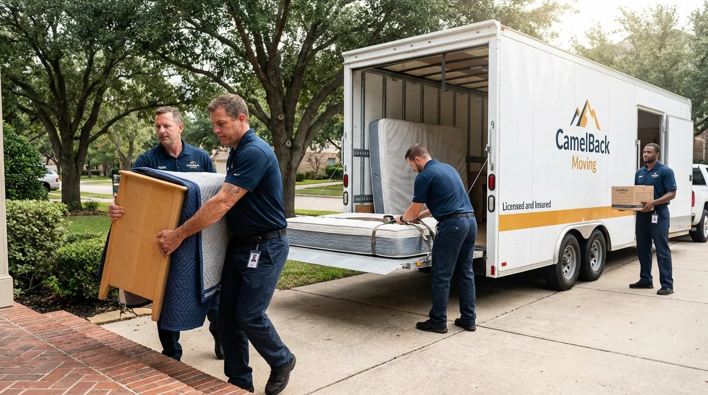 Crew loading residential truck for cross-state move from Elkhorn, WI