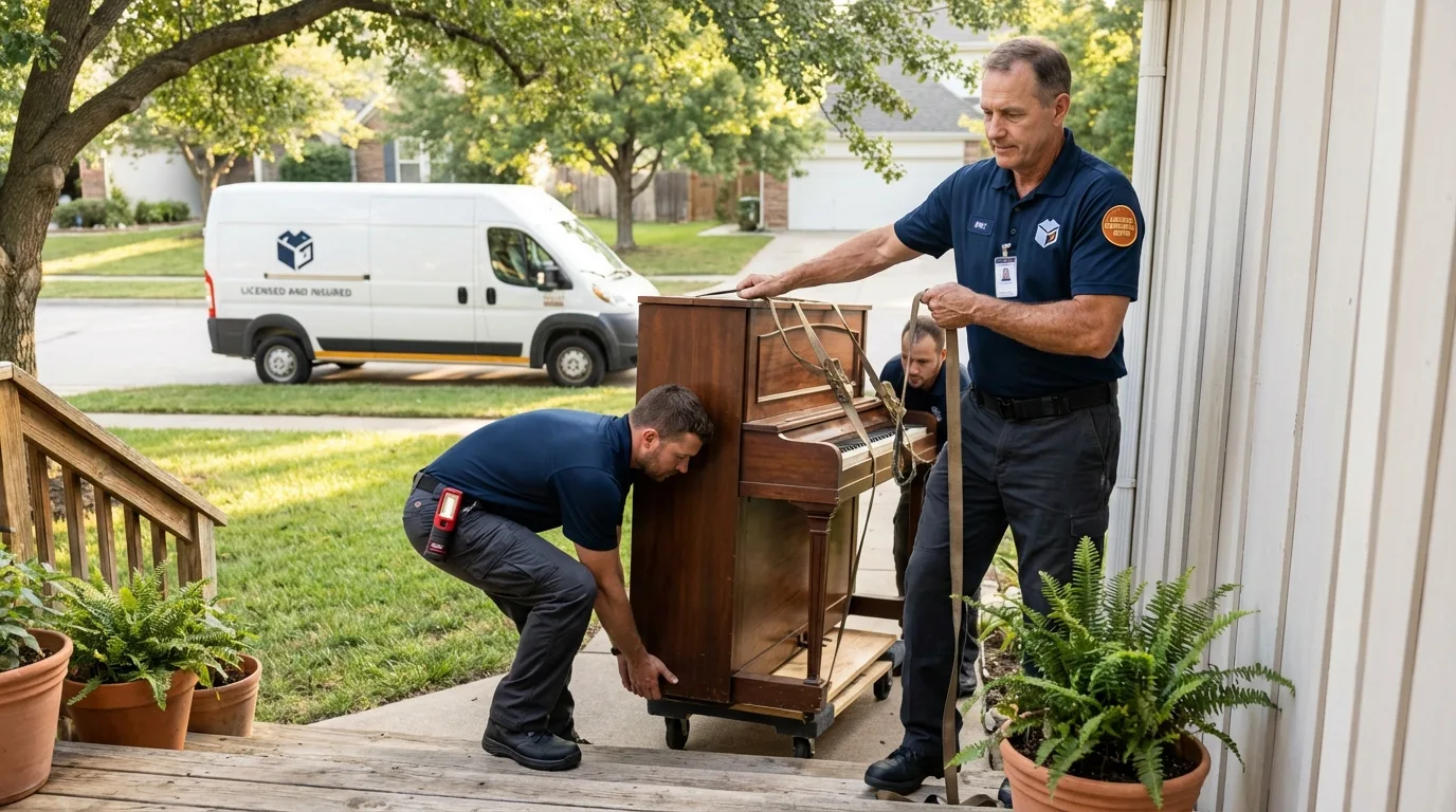 Licensed piano movers securing grand piano in Elkhorn, WI