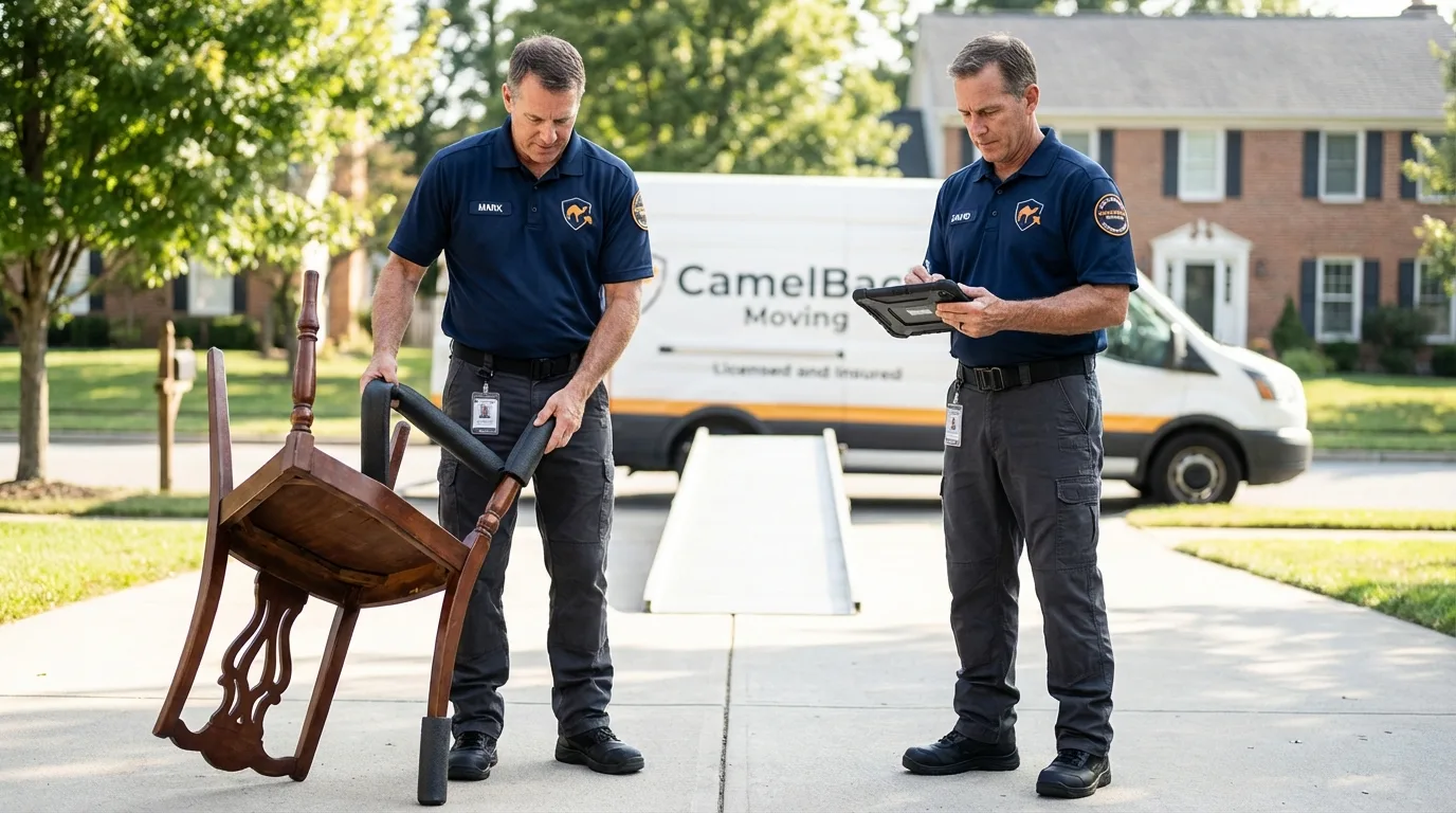 Movers inspecting furniture for damage prevention before loading in Elkhorn, WI